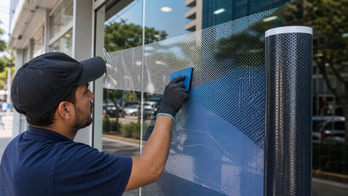 Aplicación de vinilo y microperforado en una vitrina comercial